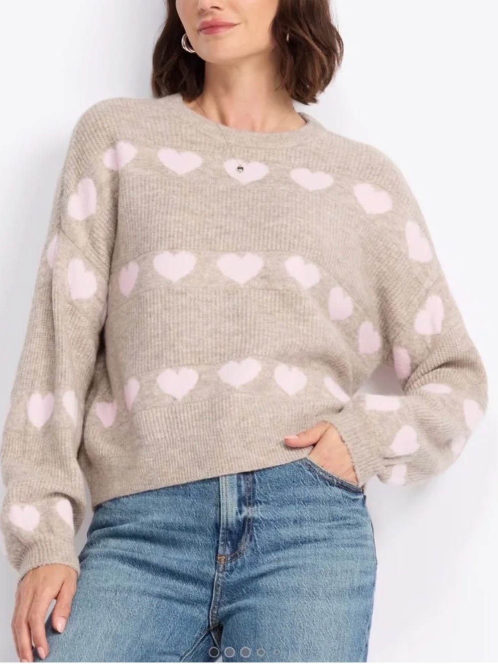 CECE $78 Heart Jacquard Crew Sweater in oatmeal